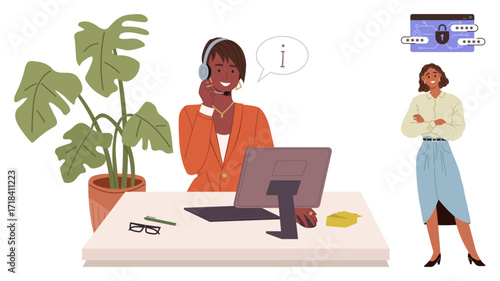 Smiling employee in headset assists at desk with plant and accessories client nearby security padlocks symbolize data safety. Ideal for customer service, tech support, teamwork, privacy