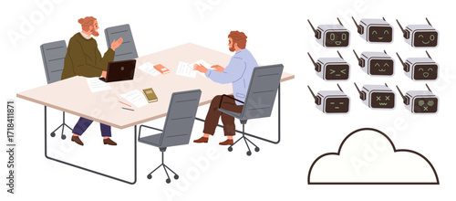 Two men strategizing at a meeting table with a laptop, documents, and devices. Series of AI robots expressing emotions and a minimalist cloud design. Ideal for AI, cloud tech, teamwork, innovation