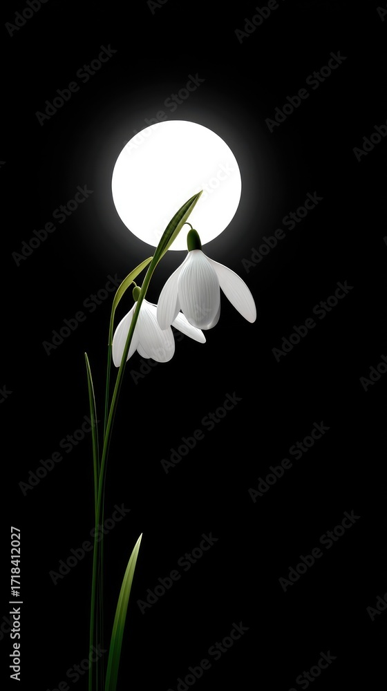 Obraz premium A delicate snowdrop plant illuminated by a brilliant moon, creating a serene and tranquil nighttime scene.