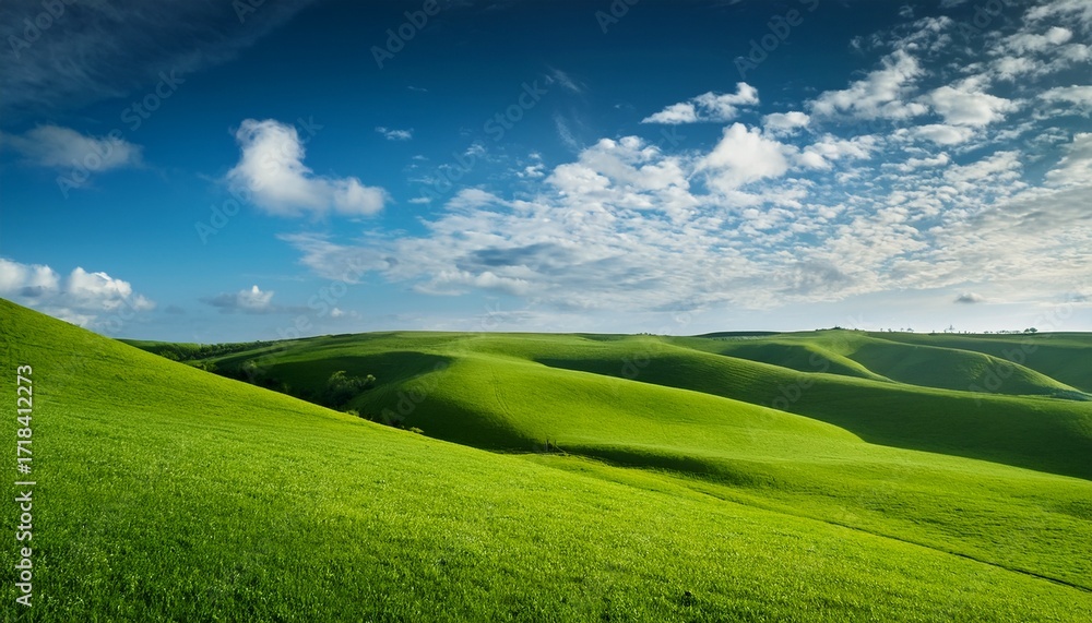 Fototapeta premium Rolling Green Hills Under A Clear Blue Sky With Fluffy Clouds