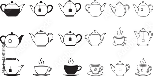 Minimalist tea icons collection, teapot and cup, vector B&W.