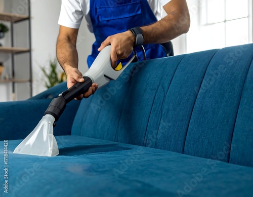 Person cleaning a blue sofa