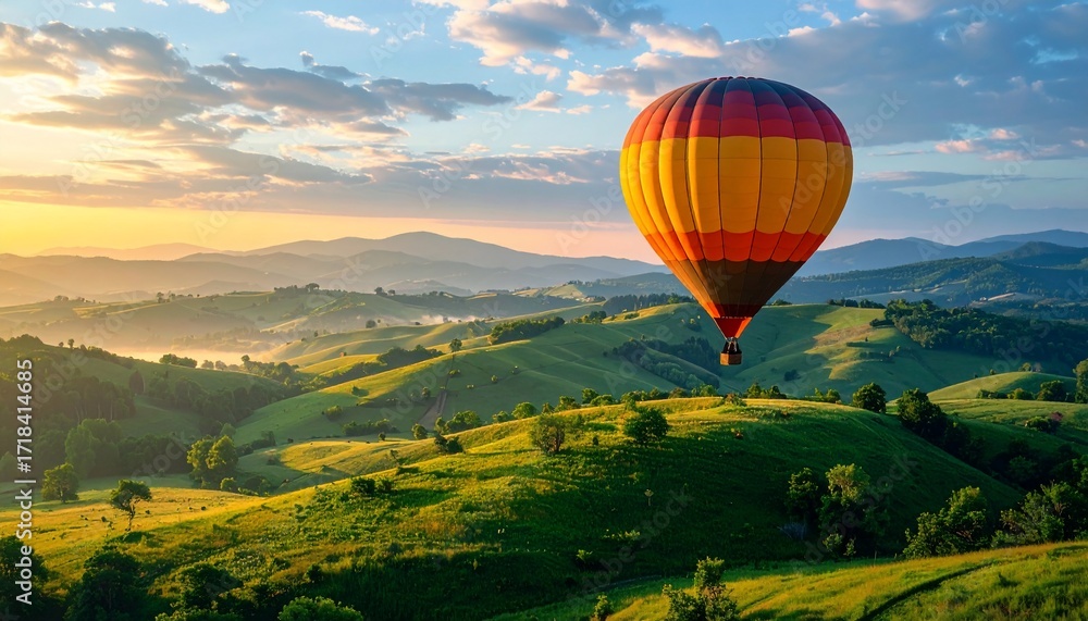 Obraz premium Hot Air Balloon over Serene Sunrise Hills
