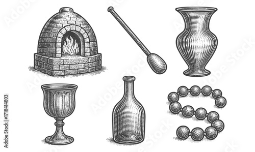 Vintage glassblowing artifacts: detailed engraved style collection