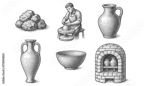 Ancient pottery craft: traditional techniques and tools in detailed engraving
