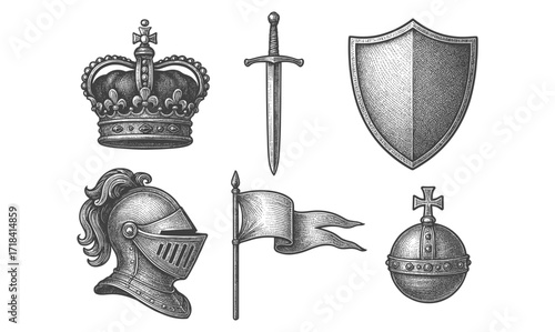 Medieval heraldic elements: crown, sword, shield, helmet, flag, and orb in detailed engraving style
