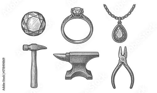 Intricate jewelry making tools and gemstone engraving in vintage style