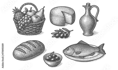 Vintage engraving of mediterranean food: cheese, fruit, bread, fish, and olive oil
