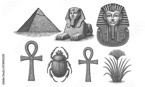 Ancient egyptian symbols and artifacts in detailed engraving style