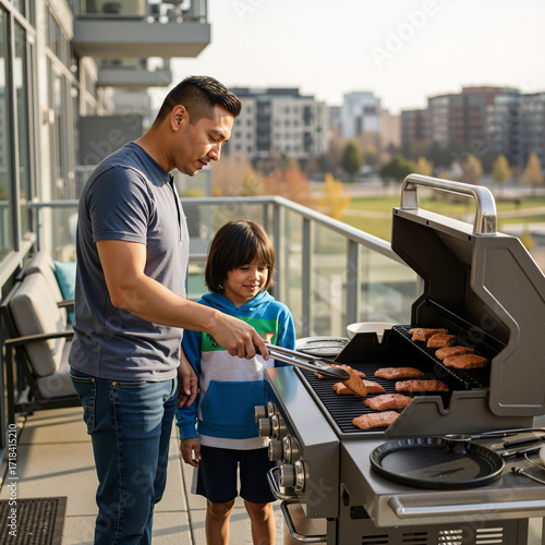 A Native American father and his young son grilling salmon on a modern balcony of their urban apartment