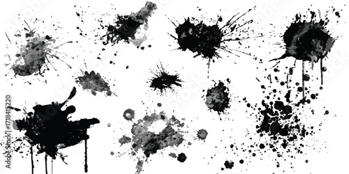 Abstract Black and White Ink Splats Creating a Grunge Effect. Transparent PNG available detailed ink splats Hyperrealistic Highly Detailed Isolated On Transparent Background	