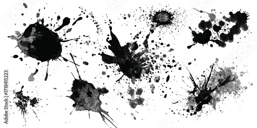 Abstract Black and White Ink Splats Creating a Grunge Effect. Transparent PNG available detailed ink splats Hyperrealistic Highly Detailed Isolated On Transparent Background	
