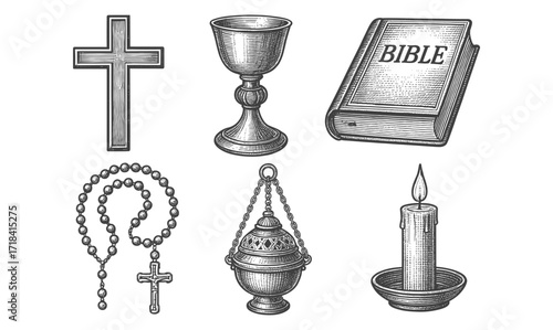 Vintage religious symbols: cross, chalice, bible, rosary, incense, and candle