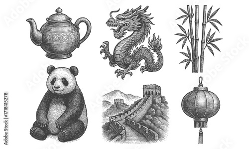 Intricate chinese elements: dragon, panda, bamboo, and iconic symbols in elegant detail