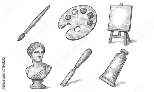Vintage art tools and sculpture with detailed hatch style graphics
