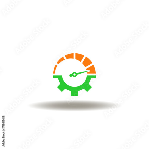 Vector illustration of gear with high speedometer indicator. Symbol of KPI performance.