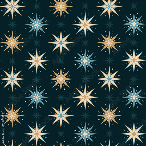 Christmas stars seamless pattern. Green geometric stars vector background. Gift wrapping paper decoration design