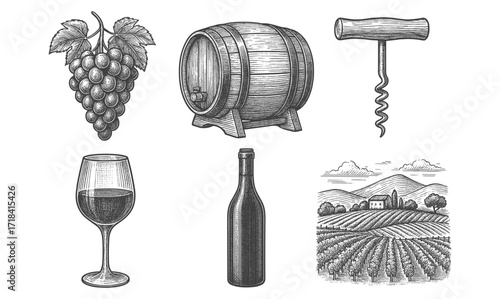 Vintage wine elements: grapes, barrel, corkscrew, glass, bottle, vineyard scene