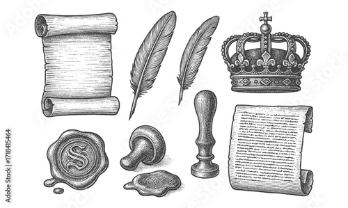 Vintage set of scrolls, quills, crown, and seals with regal charm