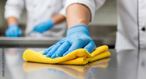 Chef wearing blue gloves cleaning a stainless steel kitchen counter with a yellow cloth