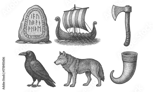 Norse symbols: viking ship, rune stone, axe, raven, wolf, mead horn in detailed sketch style