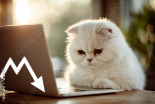 Fearful feline at laptop: a morning full of surprises. Cat behavior. Smart actions lead to measurable growth in economic indicators. Long-term growth plan. Cat expression.
