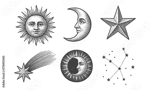 Vintage celestial design with sun, moon, and stars in classic engraved style