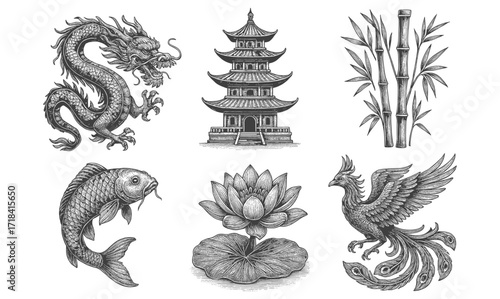 Intricate oriental elements: dragon, pagoda, bamboo, lotus, koi, and phoenix in vintage style