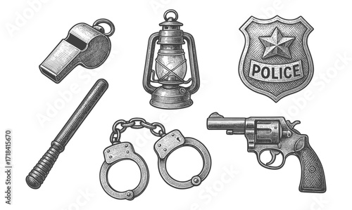 Vintage law enforcement tools: whistle, lantern, badge, baton, handcuffs, revolver