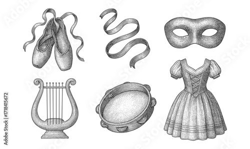 Vintage ballet and opera: musical instruments and dance accessories in classic etching style