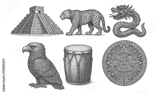 Intricate engravings of ancient mesoamerican symbols and wildlife