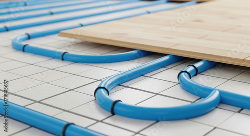 Radiant floor heating system installation with blue pipes and wooden floorboard. Home renovation project includes underfloor heating pipes and durable wood laminate flooring.