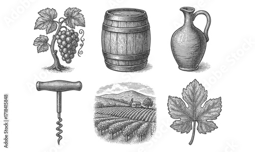 Vintage winery elements with grapes, barrel, and landscape in engraving style