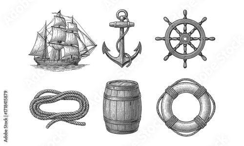Vintage nautical set: ship, anchor, wheel, and more in intricate line art