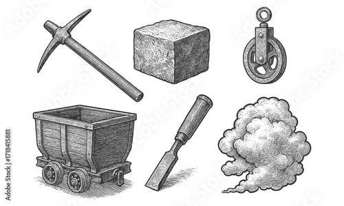 Vintage engraving of mining tools and equipment with stone and smoke elements