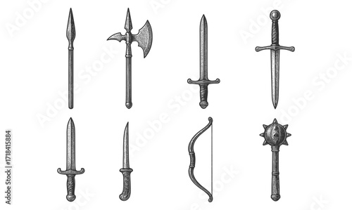 Medieval weaponry collection: swords, spears, axes, maces in vintage style