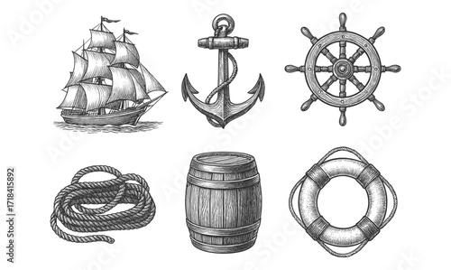 Nautical sketch collection: detailed ship, anchor, helm, rope, barrel, and lifebuoy