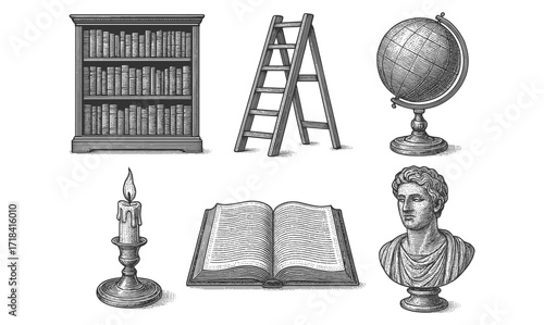 Vintage engraved library elements: bookshelf, ladder, globe, candle, open book, and bust