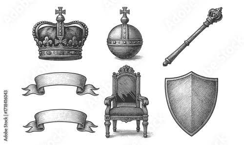 Vintage monarchy symbols: crown, scepter, shield, and throne in intricate black and white art