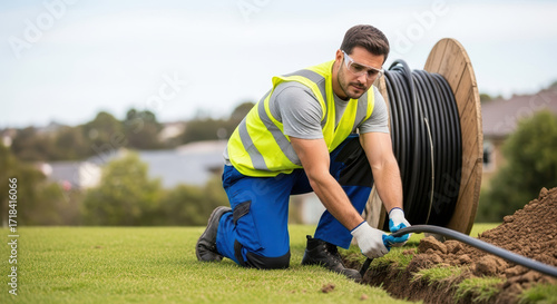 Cable installer working on laying underground cable. Skilled technician installing fiber optic cable in residential area.  Professional cable installation service for home internet and television.