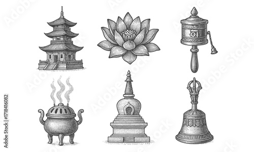 Vintage engraving of asian religious symbols and architecture