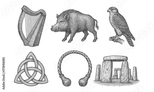 Celtic and medieval symbols featuring harp, boar, eagle, and stonehenge in engraved style
