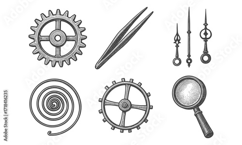 Vintage clockwork elements: gears, hands, and tools in engraved style
