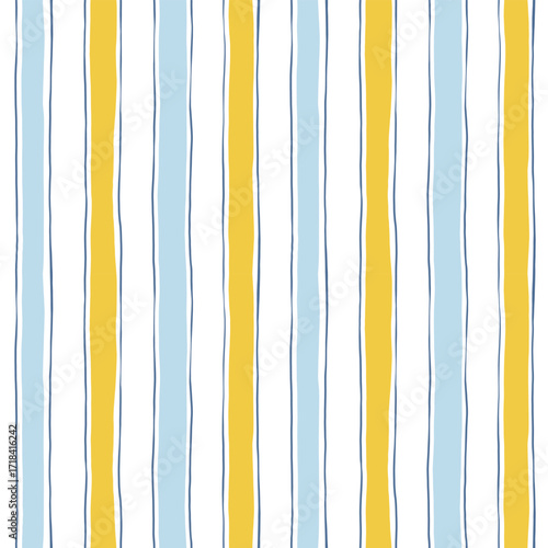 Blue seamless stripes pattern. Summer mediterranean sea lines print. Vector hand drawn wavy stripe print.  Vintage vacation vibe simple ornament