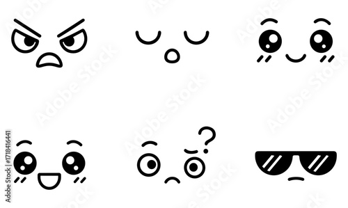 Cute kawaii face expressions in simple line art style for emojis and stickers