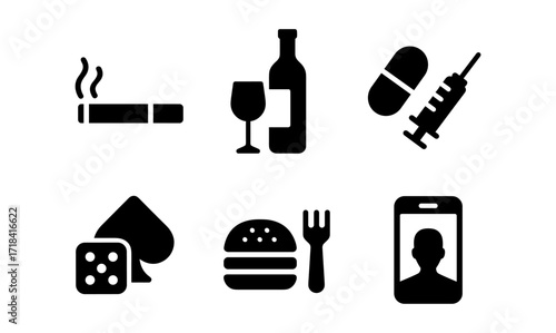 Flat style icons of smoking, alcohol, drugs, gambling, fast food, and social media