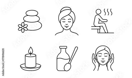 Minimalist spa and wellness icons including facial care, relaxation, and aromatherapy