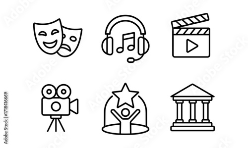 Linear entertainment icons: theater, music, filmmaking, and performing arts collection