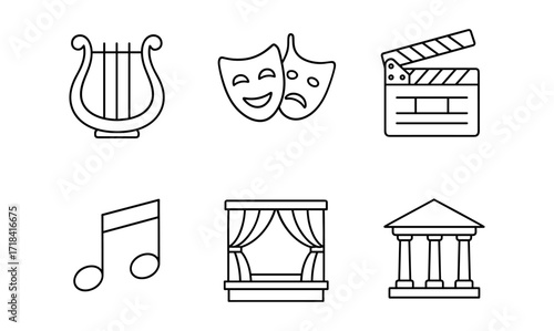 Creative arts icons: theater, music, film elements in minimal line art