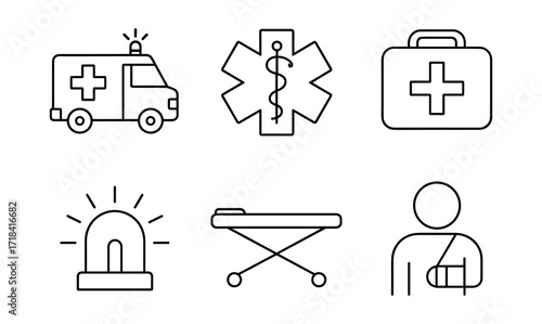 Medical emergency essentials: ambulance, equipment, and icons in linear style